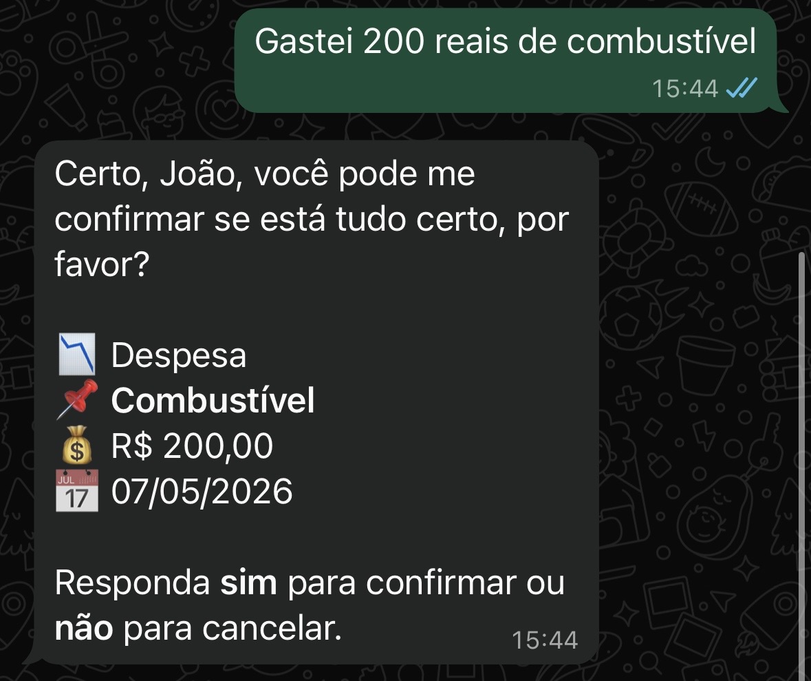 Exemplo de mensagem inicial no WhatsApp para registrar despesa