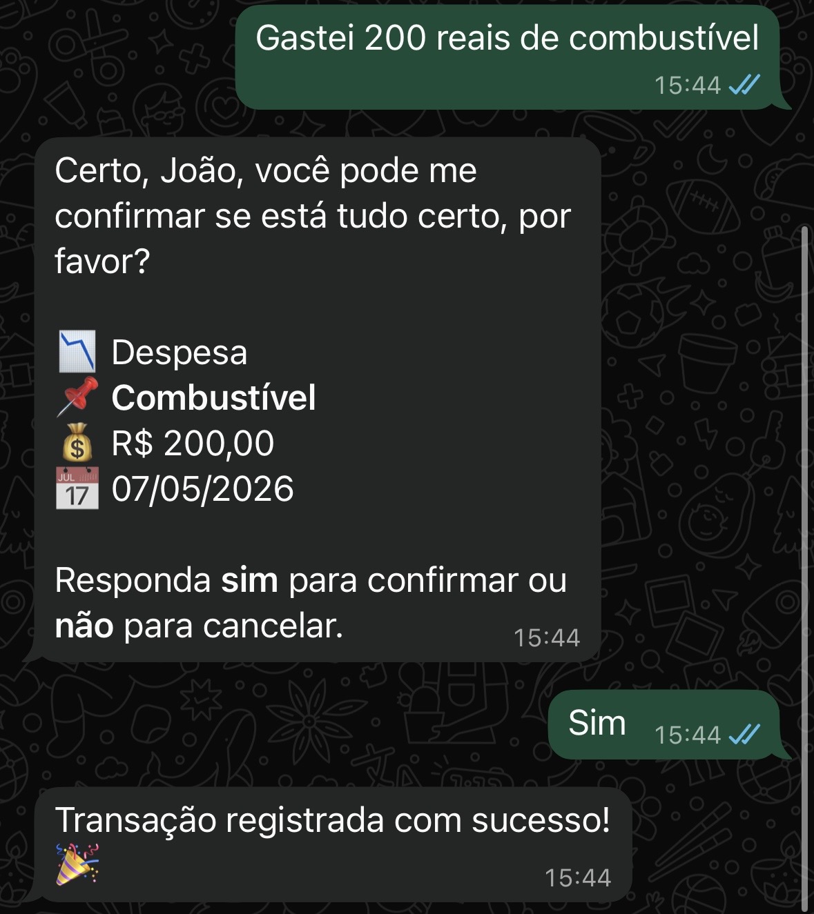 Exemplo de transação registrada com sucesso no WhatsApp